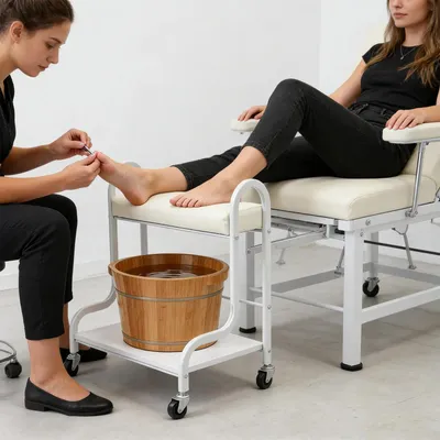 Obrázok produktu pre Salónny vozík na manikúru a pedikúru – stanica na nechty na kolieskach – úložný priestor – stolička na nohy v štýle spa – kov/drevo/PU – vyžaduje montáž – biela