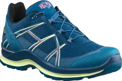 A single blue and teal hiking shoe is shown against a white background.