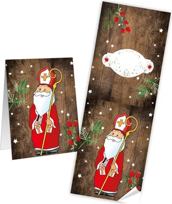 Produktbild von 10 lange Weihnachtsaufkleber HEILIGER NIKOLAUS rot weiß braun Aufkleber Weihnachten 7 x 21 cm kleine Geschenkaufkleber Verpackung Geschenke weihnachtlich Papiertüte zukleben50 Stück