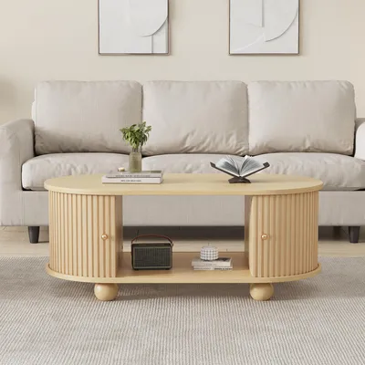 Produktbild von Ovaler Couchtisch mit Stauraum - Holzfarbe - Schiebetüren & platzsparendes Design