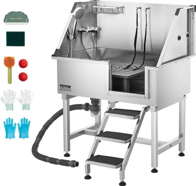 Produktbild von VEVOR Hundewaschstation aus Edelstahl, 961x620x1220 mm Tierpflegewanne mit Ablagetreppe, Wasserhahn, Duschkopf & Seifenhalter, für große, mittelgroße & kleine Haustiere (rechte Tür)