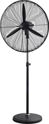 A black industrial fan on a white background.