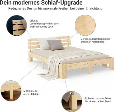 Produktbild von Homestyle4u Holzbett 140x200 mit Lattenrost Massives Kieferbett Natur Doppelbett