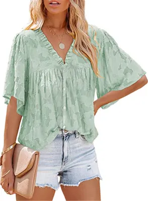 Produktbild von ASKSA Damen Chiffon Bluse 3/4 Glockenärmel Tunika Sommer Knöpfen Hemd Tops Babydoll Lose Oberteile, Grün, XL