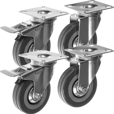 Four heavy-duty casters with brakes are shown against a white background.