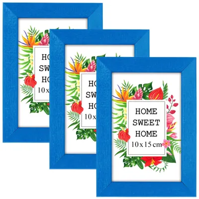 Produktbild von MG Design Set aus 3 Blau Bilderrahmen A6 10 x 15 cm - Aus echtem Holz mit Acrylglas, zum Aufhängen & Aufstellen, für Fotos, Poster & Puzzle