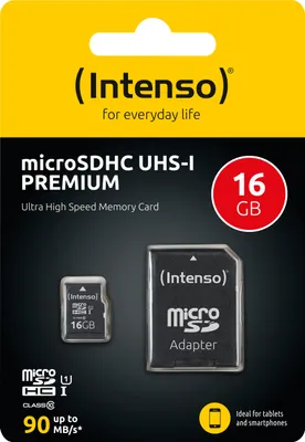 Zdjęcie produktu dla Intenso 16GB microSDHC, 16 GB, MicroSDHC, Klasa 10, UHS-I, 90 MB/s, Class 1 (U1)