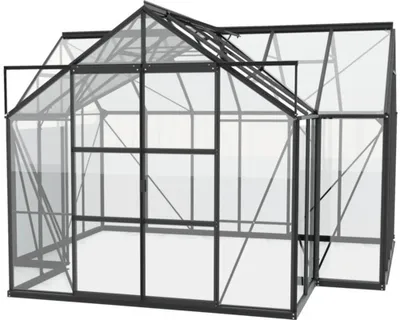 A 3D rendering of a black framed greenhouse with glass panels.