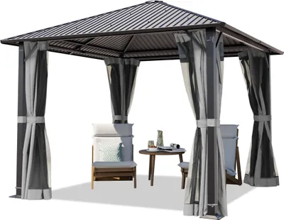 Image de TOOLPORT Tonnelle de Jardin 3x3 m avec Toit en Acier - Hardtop Pavillon avec 4 Parois latérales et 4 Moustiquaires en gris