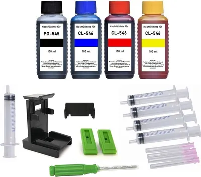 Produktbild von Druckerpatronen-Nachfüllset für Canon PG-545 (XL) + CL-546 (XL) Tintenpatronen - 4 x 100 ml Nachfülltinte black, cyan, magenta, yellow + Zubehör für Pixma IP2800, IP2820, IP2823, IP2840, IP2850, MG2400, MG2420, MG2440, MG2450, MG2455, MG2500, MG2510, MG2520, MG2540, MG2540S, MG2550, MG2550S, MG2555, MG2555S, MG2570, MG2900, MG2920, MG2924, MG2940, MG2950, MG2970, MG2980, MG3000, MG3050, MG3051, MG3052, MG3053, MX490, MX492, MX494, MX495, TR4500, TR4540, TR4541, TR4550, TR4551, TR4600, TR4640, TR4650, TR4651