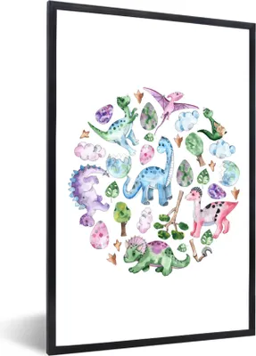 Produktbild von MuchoWow® Gerahmtes Poster Dinosaurier - Muster - Kinderzimmer - Mädchen - Kinder - Rosa - Kind 60x90 cm - Poster mit Schwarzem Bilderrahmen Wandposter Rahmen Foto Bilder - Kunst