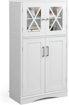 Produktbild von GOPLUS 5-stöckiger Badezimmerschrank, Hochschrank mit Glastüren, Badschrank Aufbewahrungsschrank für Wohnzimmer, Badzimmer & Küche, Weiß, 60 × 30 × 108cm