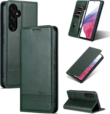Image de Etui en cuir pour Samsung Galaxy A55 5G, étui portefeuille pliable avec fermeture magnétique et support vert