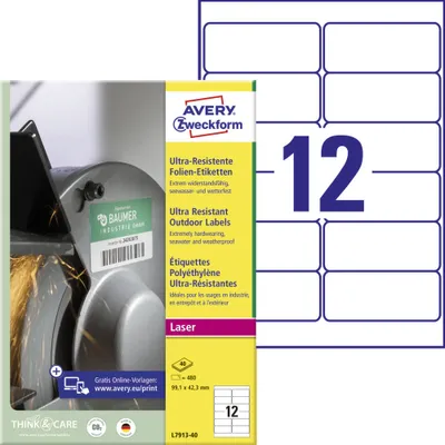Image de Avery Zweckform L7913-40 Étiquettes en film ultra-résistant, 99,1 x 42,3 mm, 40 feuilles/480 étiquettes, blanc