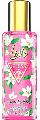 A fragrance mist bottle with floral and leaf designs.