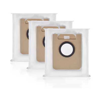 Three vacuum cleaner dust bags are arranged in a staggered formation against a white background.