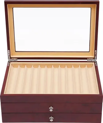 Zdjęcie produktu dla Pojemnik na długopisy – ekspozytor i organizer – 34 przegródki – do piór wiecznych i piór automatycznych – drewno – 31×21×12,5 cm – czerwony