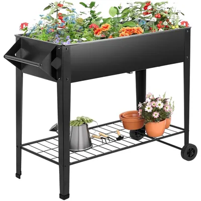 Image de Bordure de jardin surélevée en métal avec roulettes, bac de plantation pour balcon ou jardin, couleur noire, dimensions 87,5 x 37 cm