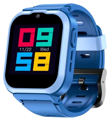A close-up studio shot of a blue smartwatch with a colorful digital display.