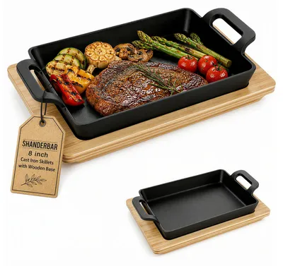 Gusseisen-Grillpfanne 24x17x3,5 cm mit Holzuntersetzer