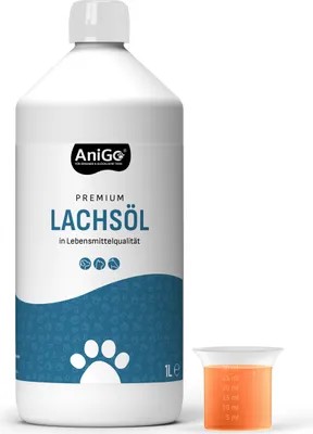 Produktbild von AniGo Premium Lachsöl Hunde 1 Liter, Omega 3 & 6 Barf Öl Hund I Lachsöl Hund 1 Liter I Hochdosiertes Fischöl Hund - in Lebensmittelqualität