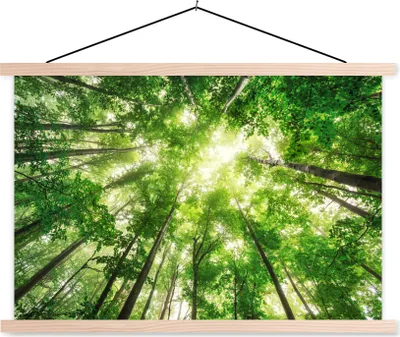 Produktbild von MuchoWow® Textilposter Wald - Sonne - Baum 120x80 cm mit holzfarbenen Rahmen - Aufhängeset