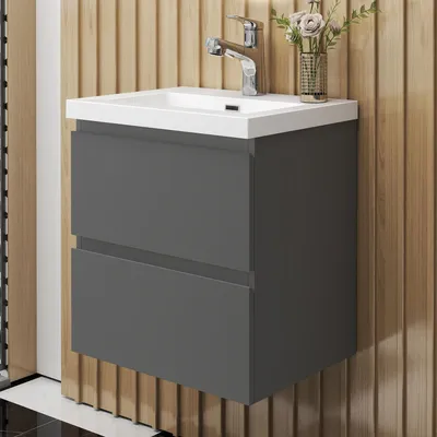 Produktbild von Badezimmermöbel 50cm CINIC-Serie Rechteckiges Waschbecken mit Unterschrank Hängeschrank Badezimmerschränke mit 2 Schubladen Anthrazit