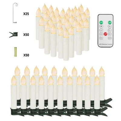 Image de Bougies LED sans fil pour sapin de Noël, avec clips, crochets et piles, lot de 50, lumière blanc chaud, télécommande, minuterie