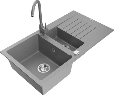 Produktbild von Mexen Matias 1,5-Becken-Granitspüle mit Abtropffläche und Mischbatterie Telma, Grau - 6502-71-670200-71