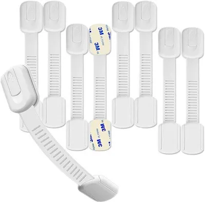 Zdjęcie produktu dla Zestaw 8 sztuk regulowanych zabezpieczeń do szafek i szuflad, 7,5–18 cm, samoprzylepne (3M), wykonane z ABS/EVA – zabezpieczenie dla dzieci i ochrona przed zwierzętami