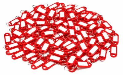 Immagine prodotto di Confezione da 30 portachiavi personalizzabili, monocolore - Targhette per portachiavi con anello personalizzabili | Portachiavi personalizzabile | Portachiavi in plastica con etichette intercambiabili - ROSSO