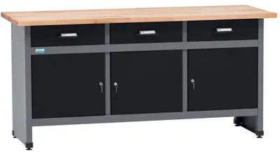 Produktbild von Küpper Werkbank 12159, 170x84x60 cm, 3 Schubladen, 3 Türen, 300 kg Traglast, 30 mm massive Buchenarbeitsplatte