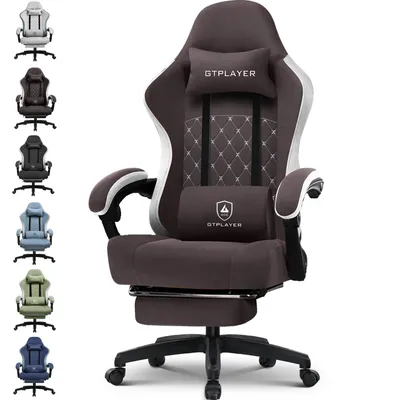A gaming chair is shown in multiple colors on the left, with a detailed view of the brown chair in the center.