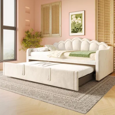 Immagine prodotto di STILVORA Divano letto 90/180x200, divano letto con letto estraibile, letto per ragazzi con striscia LED a colori intercambiabili, beige (senza materasso)
