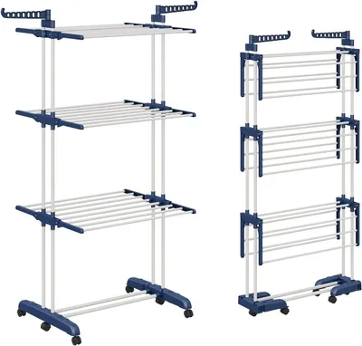 Image de Étagère à linge pliable avec 3 niveaux, mobile et extensible de 66 à 130 cm