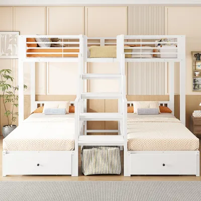 Produktbild von okwish Etagenbett 90×200 mit Schutzgeländern,Schubladen,Jugendbett mit Mitteltreppe,Metallbett in Weiß,ohne Matratze