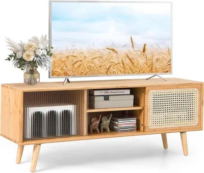 Productafbeelding van Famanu TV-kast van bamboe met rieten en glazen deuren - Verstelbaar meubelstuk voor televisies tot 55 inch