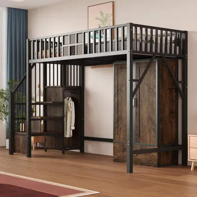 Image de MODFU Lit Mezzanine 90x200 cm, Lit Enfant Avec Rangement, Tiroirs et Armoire Sous Lit, Échelle Métal, Noir - Sans Matelas