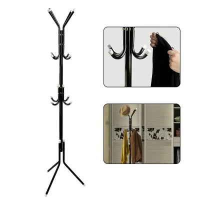A black metal coat rack with multiple hooks, shown in isolation and with a close-up of the hooks and a lifestyle shot with clothes and a hat.