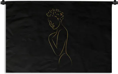 Produktbild von MuchoWow® Wandteppich Wandbehang Frau - Schwarz - Gold - Strichzeichnung 60x40 cm Tapisserie Dekoration Wandtuch - Wanddekorationen