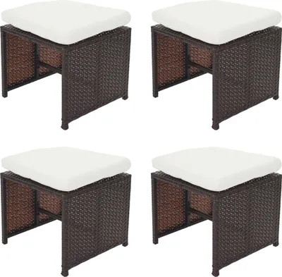 Produktbild von 4er-Set Poly-Rattan Hocker Korfu, Gartenhocker Sitzhocker  braun, Kissen creme
