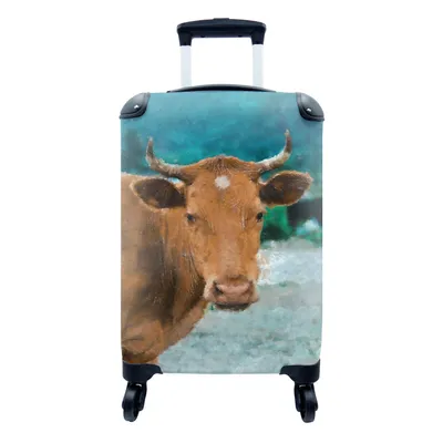 Produktbild von MuchoWow® Koffer Handgepäck Trolley Rollkoffer Kleine Reisekoffer mit 4 Rollen - Kuh - Braun - Horn - Cabin Size < 55x40x23 cm & 55x40x20 cm - Fotokoffer - Kabinenkoffer - Boardgepäck - Reise-Box - Reisekoffer - Reisegepäck - Koffer mit Bild - Trolley für Kinder