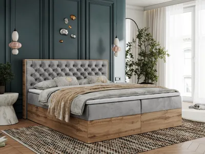 Produktbild von Boxspringbett, Deko, Doppelbett, Polsterbett mit Bettkästen und Multipocket-Matratze, Eiche Wotan holzrahmen - Albero-3 - 140x200cm - Hellgrau Velvet - H4