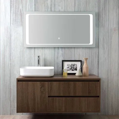 Produktbild von Badmöbelset in dunkler Nussbaum-Holzoptik, Waschbecken und Lichtspiegel mit Touch- System | Siena