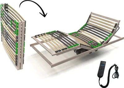 A foldable electric bed frame shown in both its folded and extended positions, with a remote control.