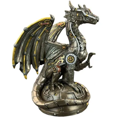 Imagen del producto de Figura de dragón mecánico WU78079A4, figura de dragón steampunk, escultura de dragón con engranajes, figura decorativa de fantasía, idea de regalo, decoración de mesa