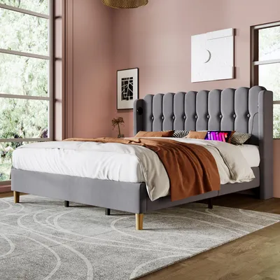 Image de Lit rembourré 160 x 200 cm avec ports USB et Type C, lit pour adolescent ou enfant avec sommier à lattes, lit double en bois, lits classiques, lin, gris