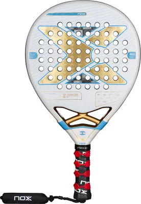 A white padel racket with gold and blue accents, and a red and black grip, isolated on a white background.