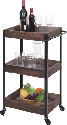 A three-tiered serving cart with wooden trays and a metal frame, stocked with wine bottles, glasses, and fruit.