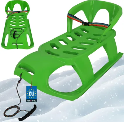 Produktbild von KOTARBAU® Bob Schlitten mit Lehne 87 x 45 x 42 cm Kunststoff Schlitten für Kinder mit Rückenlehne Schneeschlitten Kinderschlitten mit Sicherheitsgurt & Zugseil Kinderbob Grün